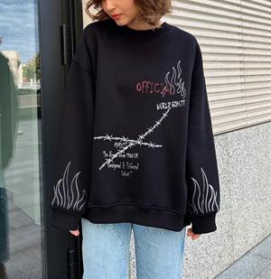 World Schott Baskılı Siyah Unisex Oversize Bisiklet Yaka Sweatshirt