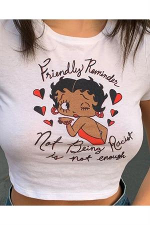 Y2k Cartoon Graphic Tee Beyaz Crop 