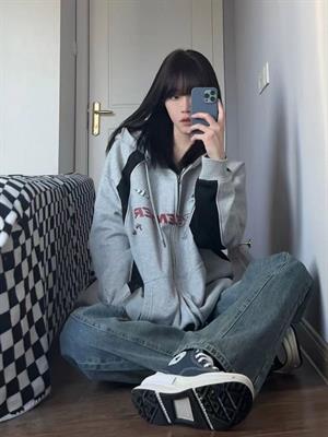 Y2K F422 Center Baskılı Line Detail Oversize Fermuarlı Gri Unisex Kapüşonlu Hırka
