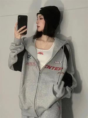 Y2K F422 Center Baskılı Line Detail Oversize Fermuarlı Gri Unisex Kapüşonlu Hırka