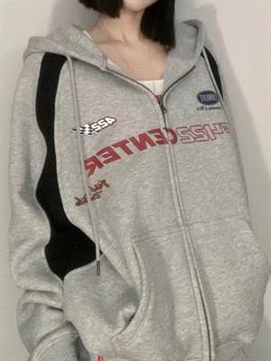 Y2K F422 Center Baskılı Line Detail Oversize Fermuarlı Gri Unisex Kapüşonlu Hırka