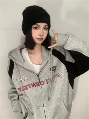 Y2K F422 Center Baskılı Line Detail Oversize Fermuarlı Gri Unisex Kapüşonlu Hırka