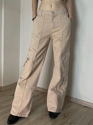 Y2K KREM RENGİ KARGO PANTOLON