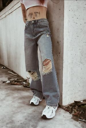Y2K Mavi Yırtıklı Straight Leg Jean
