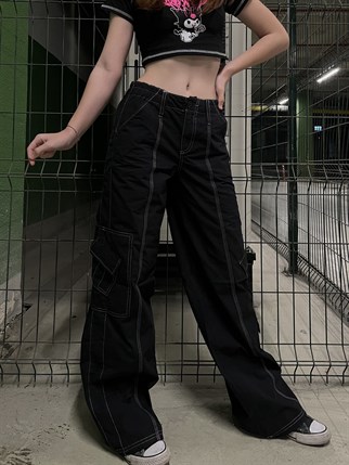 Y2K Oversize Ters Dikiş Siyah Kargo Pantolon