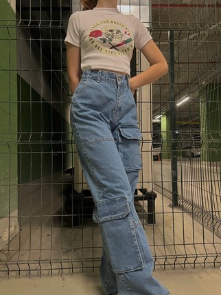 Y2K RECYCLED BLUE CARGO POCKET WIDE LEG JEAN