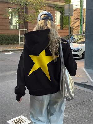Y2k Star Baskılı Siyah Kapşonlu Sweatshirt 