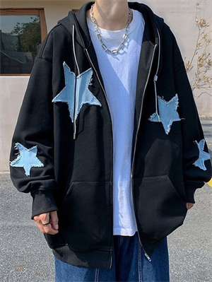 y2k Star Patch Oversıze Siyah Unısex Fermuarlı Sweetshirt Hırka