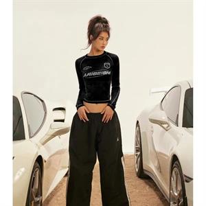 Y2K Streetwear Ariseism Baskılı Ters Dikiş Siyah Uzun Kollu Crop