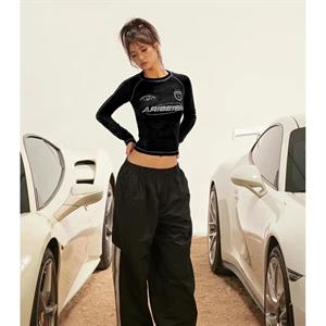 Y2K Streetwear Ariseism Baskılı Ters Dikiş Siyah Uzun Kollu Crop