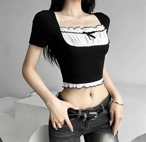 Y2K Streetwear Büzgülü Yaka Retro Crop