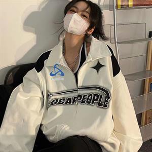 Y2K Streetwear Locapeople Baskılı Oversize Fermuarlı Beyaz Unisex Hırka