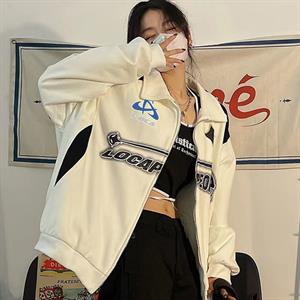 Y2K Streetwear Locapeople Baskılı Oversize Fermuarlı Beyaz Unisex Hırka