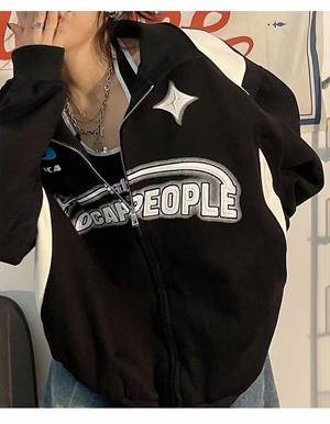 Y2K Streetwear Locapeople Baskılı Oversize Fermuarlı Siyah Unisex Hırka