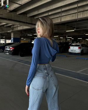 Y2K Streetwear Mavi Uzun Kollu Kapüşonlu Çift Fermuarlı Crop