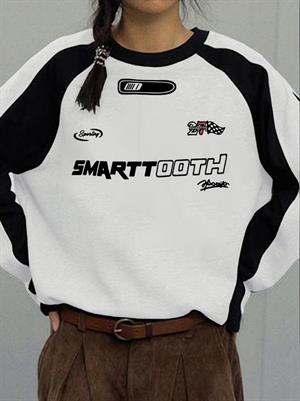 Y2K Streetwear Smarttooth Baskılı Beyaz Unisex Oversize Bisiklet Yaka Sweatshirt