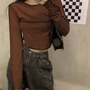 Y2K Streetwear Ters Dikiş Detaylı Uzun Kollu Kahverengi Crop