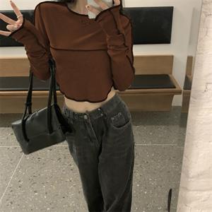 Y2K Streetwear Ters Dikiş Detaylı Uzun Kollu Kahverengi Crop