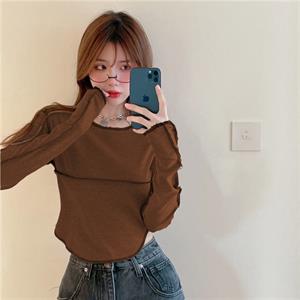 Y2K Streetwear Ters Dikiş Detaylı Uzun Kollu Kahverengi Crop