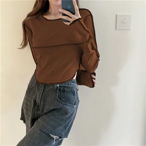 Y2K Streetwear Ters Dikiş Detaylı Uzun Kollu Kahverengi Crop