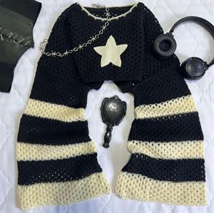 Y2K Streetwear Yıldızlı Siyah Detaylı Triko Bolero