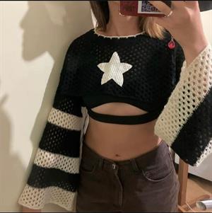 Y2K Streetwear Yıldızlı Siyah Detaylı Triko Bolero