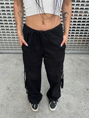 Y2k Tactical Kargo Cepli Beli Lastikli Siyah Pantolon