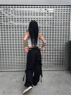 Y2k Tactical Kargo Cepli Beli Lastikli Siyah Pantolon