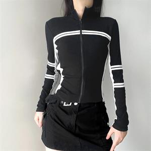 Y2k Trend Fermuarlı Siyah Crop Bluz