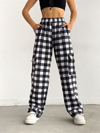 Y2K UNİSEX BELİ LASTİKLİ KARGO CEP DETAYLI SİYAH BEYAZ EKOSE PANTOLON