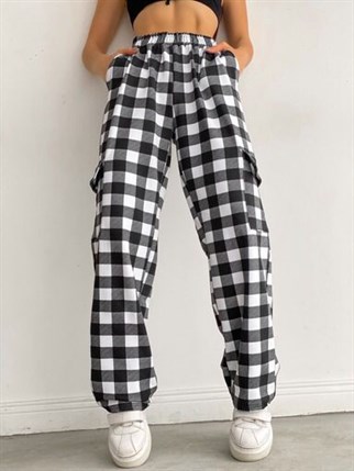 Y2K UNİSEX BELİ LASTİKLİ KARGO CEP DETAYLI SİYAH BEYAZ EKOSE PANTOLON