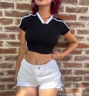 Y2k V Yaka Şeritli Siyah Crop