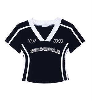 Y2k Zerocircle Baskılı V Yaka Şeritli Siyah Crop