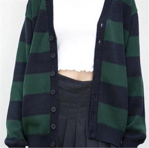 Yeşil Siyah Çizgili Oversize Triko Hırka