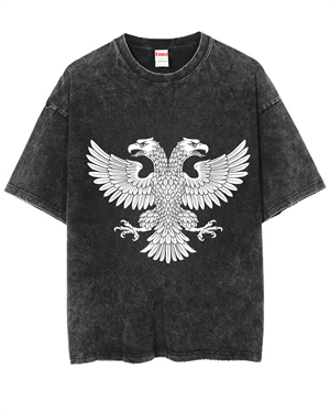 Yıkamalı Çift Başlı Kartal Baskılı Unisex Oversize Vintage T-shirt