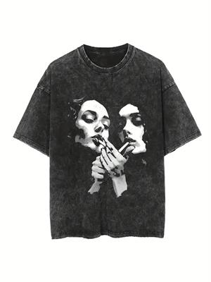 Yıkamalı Distressed Baskılı Unisex Oversize Vintage T-shirt
