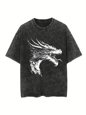 Yıkamalı Dragon Baskılı Unisex Oversize Vintage T-shirt
