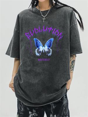 Yıkamalı Evolution Butterfly Unisex Eskitme T-shirt