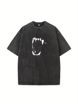 Yıkamalı Fang Baskılı Unisex Oversize Vintage T-shirt