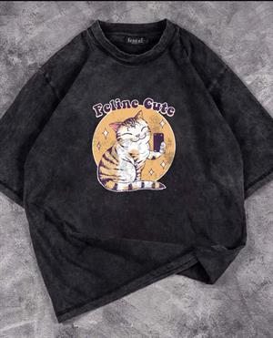 Yıkamalı Feline Cute Eskitme T-shirt