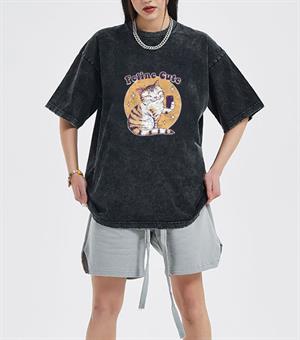 Yıkamalı Feline Cute Eskitme T-shirt