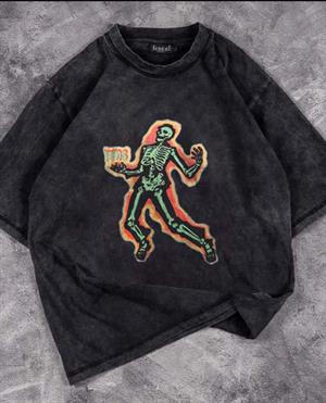 Yıkamalı Flaming Skeleton Baskılı Unisex Oversize Eskitme T-shirt