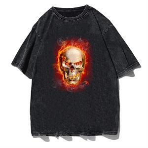 Yıkamalı Flaming Skull Unisex Eskitme T-shirt