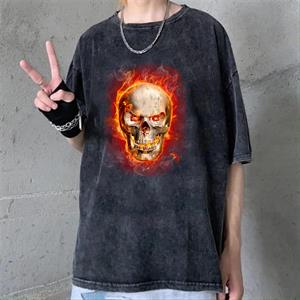 Yıkamalı Flaming Skull Unisex Eskitme T-shirt