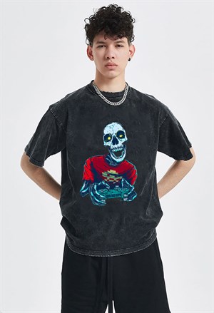 Yıkamalı Gamer Skeleton Unisex Eskitme T-shirt