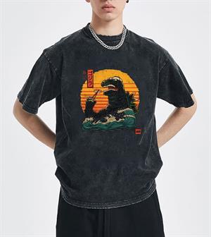 Yıkamalı Godzilla Sushi Eskitme T-shirt