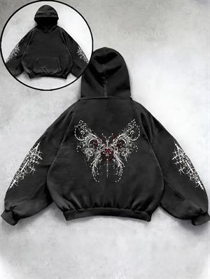 Yıkamalı Gothic Butterfly Baskılı Vintage Kapüşonlu Sweatshirt