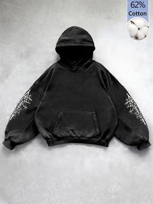 Yıkamalı Gothic Butterfly Baskılı Vintage Kapüşonlu Sweatshirt
