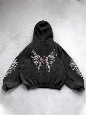 Yıkamalı Gothic Butterfly Baskılı Vintage Kapüşonlu Sweatshirt