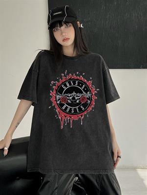 Yıkamalı Guns N Roses Bloody Logo Baskılı Unisex Oversize Eskitme T-shirt